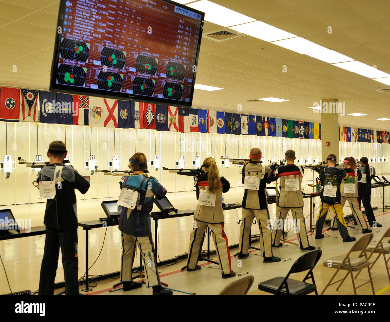 Anniston, Ala., was the site for the 2016 Junior Reserve Officer Training Corps National Air Rifle Championships held on March 17-19 at the Civilian Marksmanship Program Range. The competition consisted of over 200 high school students on 56 teams from 73 high schools nationwide. Through various previous competitions, the participating schools earned the right to shoot at the National Championship. Individual winners in either the Sporter or Precision categories receive medals and cash prizes as well as the attention of university recruiters whose schools also have riflery as a scholarship spo Stock Photo