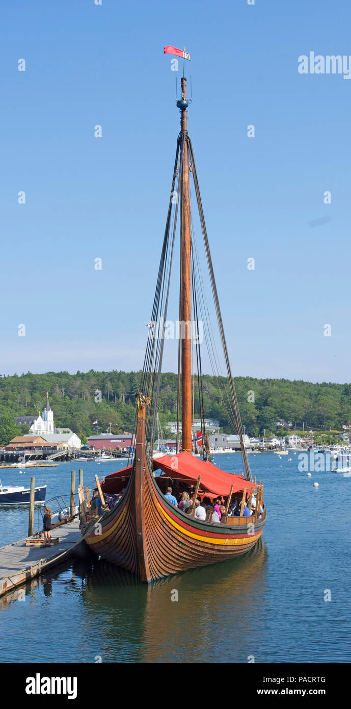 The 'Draken' a replica 115 ft. Viking Warship at the town dock in Boothbay Harbor, Maine, USA Stock Photo