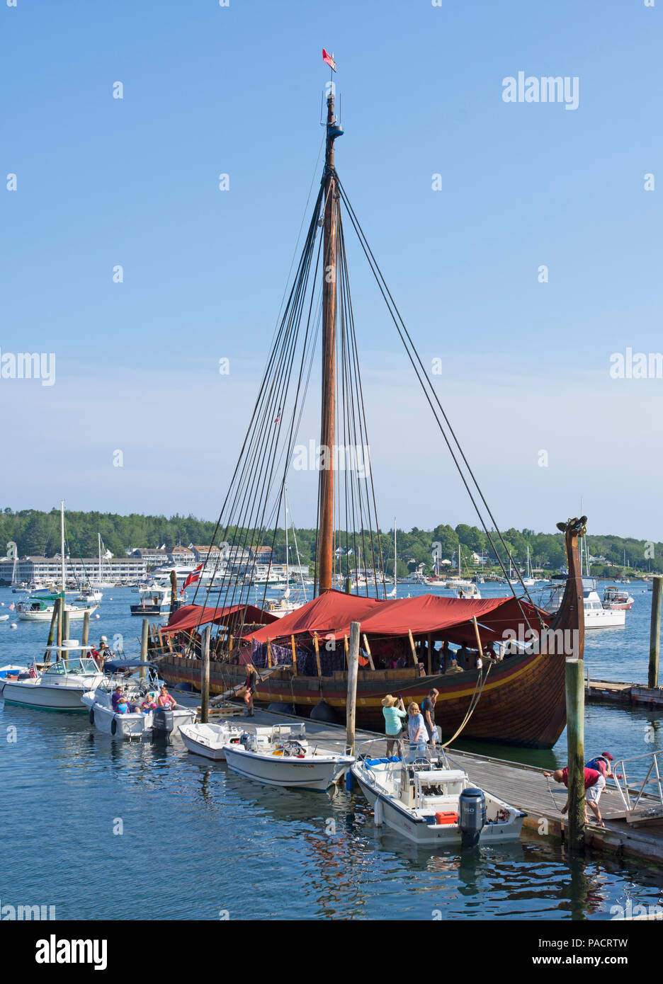 The 'Draken' a replica 115 ft. Viking Warship at the town dock in Boothbay Harbor, Maine, USA Stock Photo