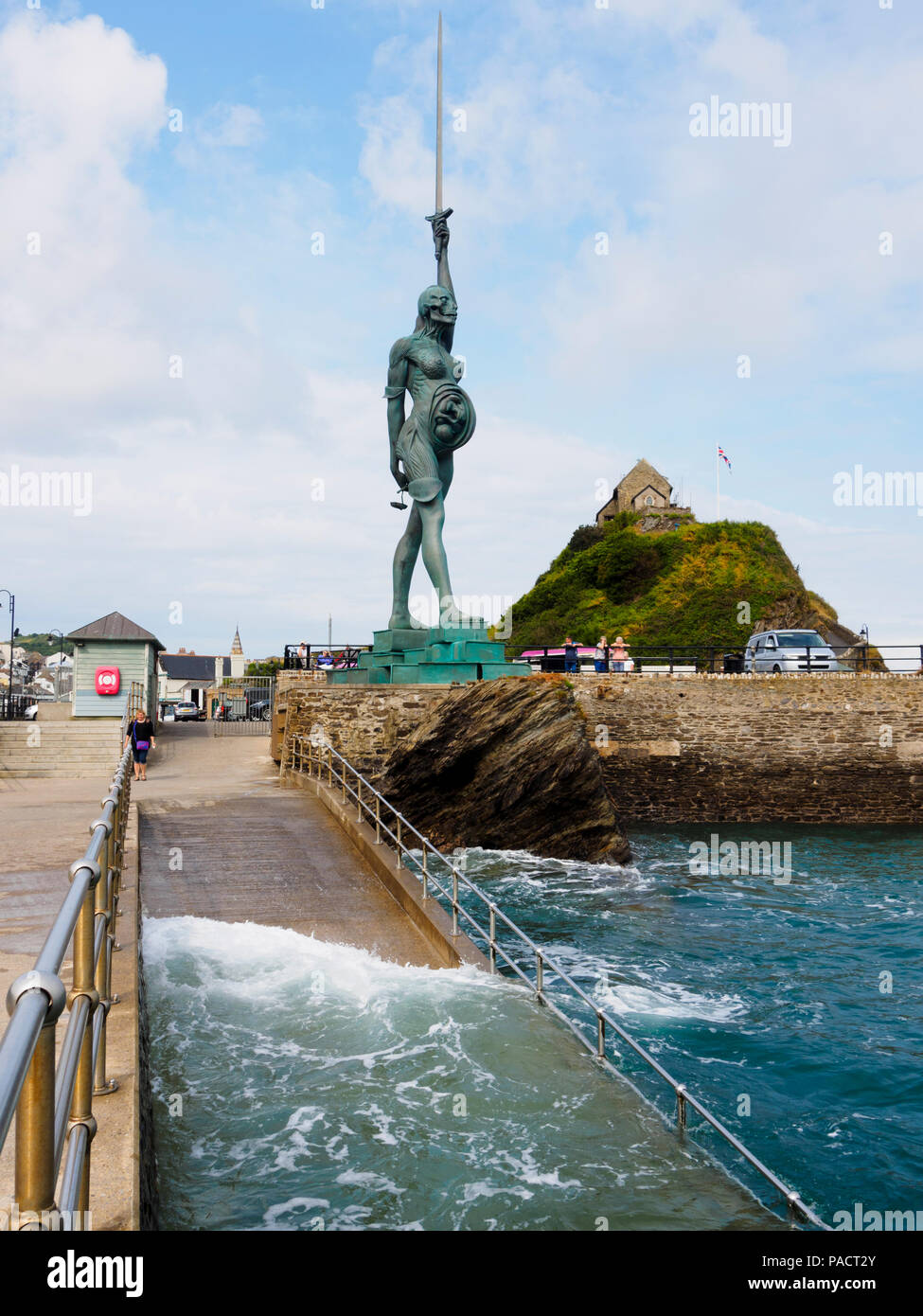 Damian Hirst sculpture 'Verity' dominates the harbour wall at Ilfracombe, North Devon, UK Stock Photo