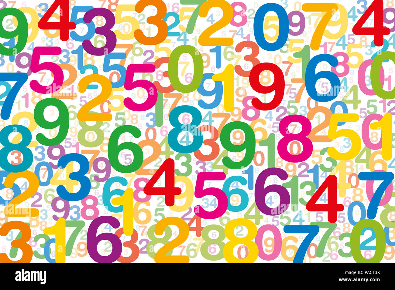 Colored numbers on white background. Randomly distributed overlapping numerals. Symbol for numerology or a flood of data. One to zero disorganized. Stock Photo