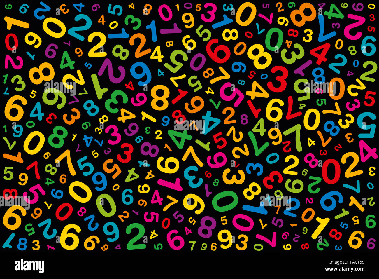 Twisted colored numbers. Randomly distributed numerals. Symbol image for numerology or flood of data. One to zero disorganized of different sizes. Stock Photo