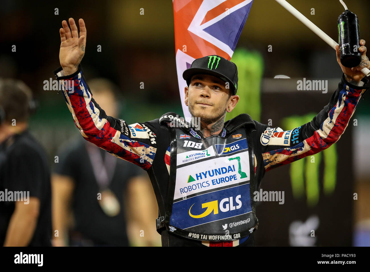 Principality Stadium. Cardiff, UK. 21st July, 2018. Adrian Flux British FIM Speedway Grand Prix; Tai Woffinden applauds the crowd as he takes 2nd place in the GP Credit: Action Plus Sports/Alamy Live News Stock Photo