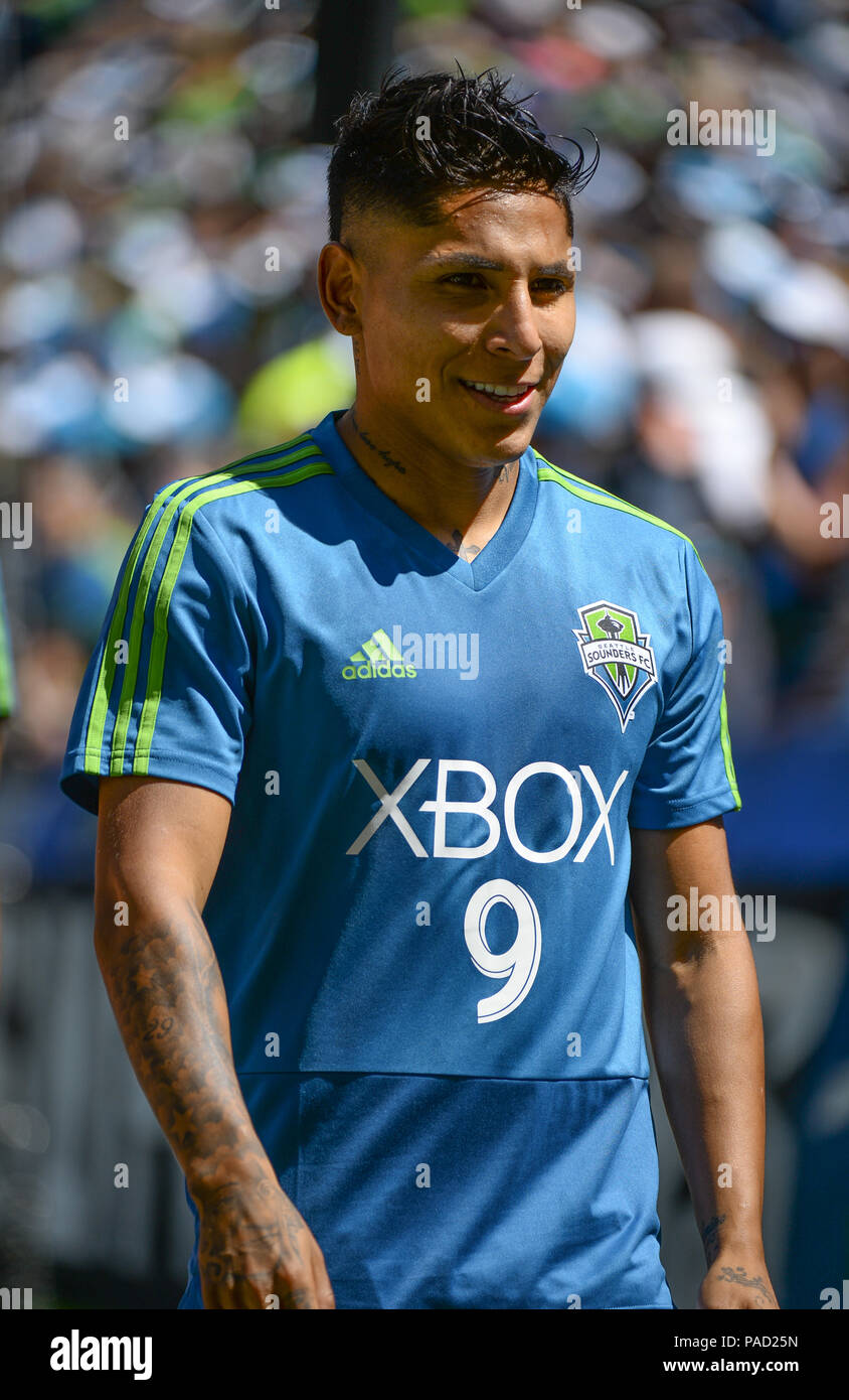 Seattle, Washington, USA. 21st July, 2018. The Sounders new addition RAUL RUIDIAZ (9) warming up as the Vancouver Whitecaps visit the Seattle Sounders for an MLS match at Century Link Field in Seattle, WA. Credit: Jeff Halstead/ZUMA Wire/Alamy Live News Stock Photo