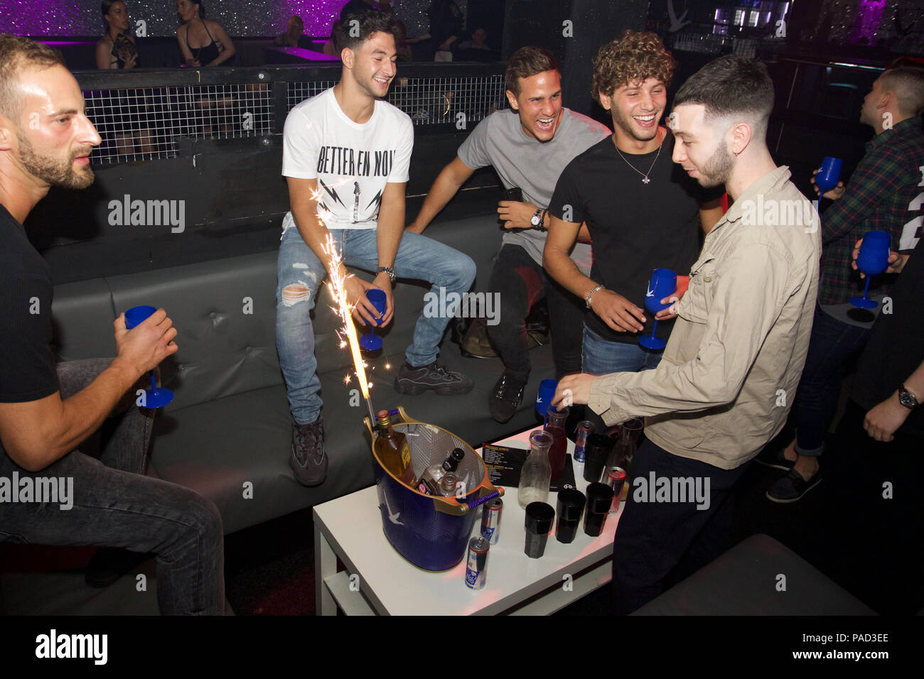 Watford, UK. 21st July, 2018. Love Island star Eyal Booker enjoys a night out with friends as he parties in the VIP section at Hydeout 2.0 nightclub in Watford, UK. He wasn't short of female attention with hoardes of girls queing up to chat to and get a photo with him - as well as flirt. One girl in particular who hung out with Eyal and his friends was a dead ringer for chart topper Rihanna. The boys bought several bottles of spirits sharing drinks around as they partied. Eyal said he wants to keep his partying to a minimum as there are other things he would like to focus on since his Love Isl Stock Photo