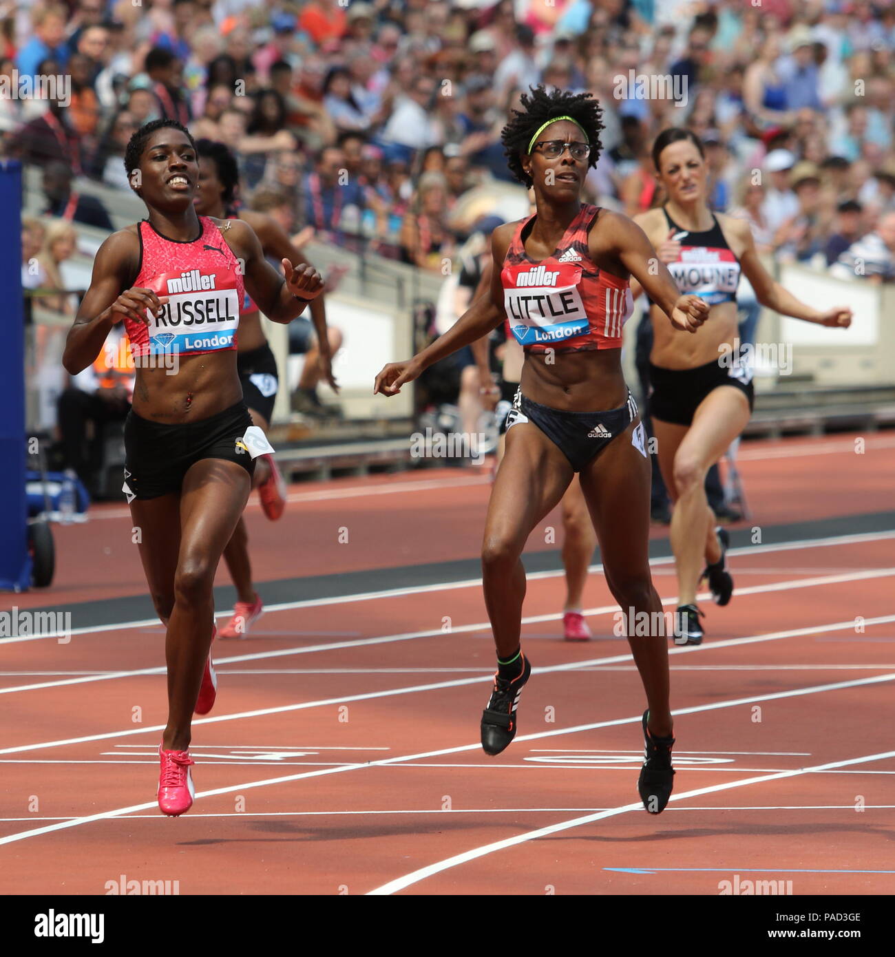 London, UK. 21st July, 2018. Shamier LITTLE (USA) & Janeive RUSSELL (JAM) taking first and second in the Women's 400m Hurdles at the IAAF Diamond League, Muller Anniversary Games, Queen Elizabeth Olympic, LONDON, UK 21 July 2018 Credit: Grant Burton/Alamy Live News Stock Photo