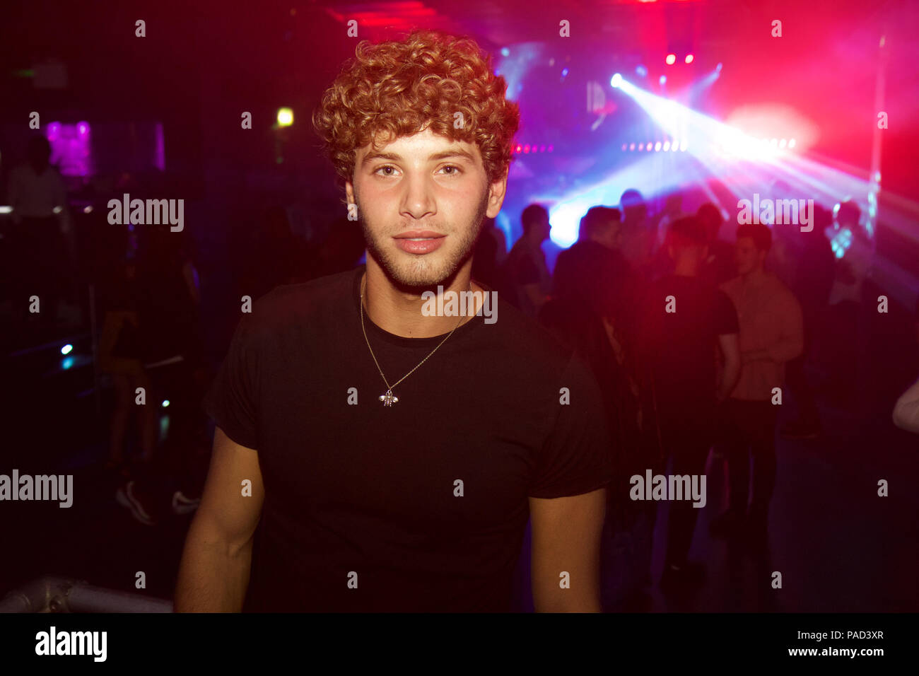 Watford, UK. 21st July, 2018. Love Island star Eyal Booker enjoys a night out with friends as he parties in the VIP section at Hydeout 2.0 nightclub in Watford, UK. He wasn't short of female attention with hoardes of girls queing up to chat to and get a photo with him - as well as flirt. One girl in particular who hung out with Eyal and his friends was a dead ringer for chart topper Rihanna. The boys bought several bottles of spirits sharing drinks around as they partied. Eyal said he wants to keep his partying to a minimum as there are other things he would like to focus on since his Love Isl Stock Photo