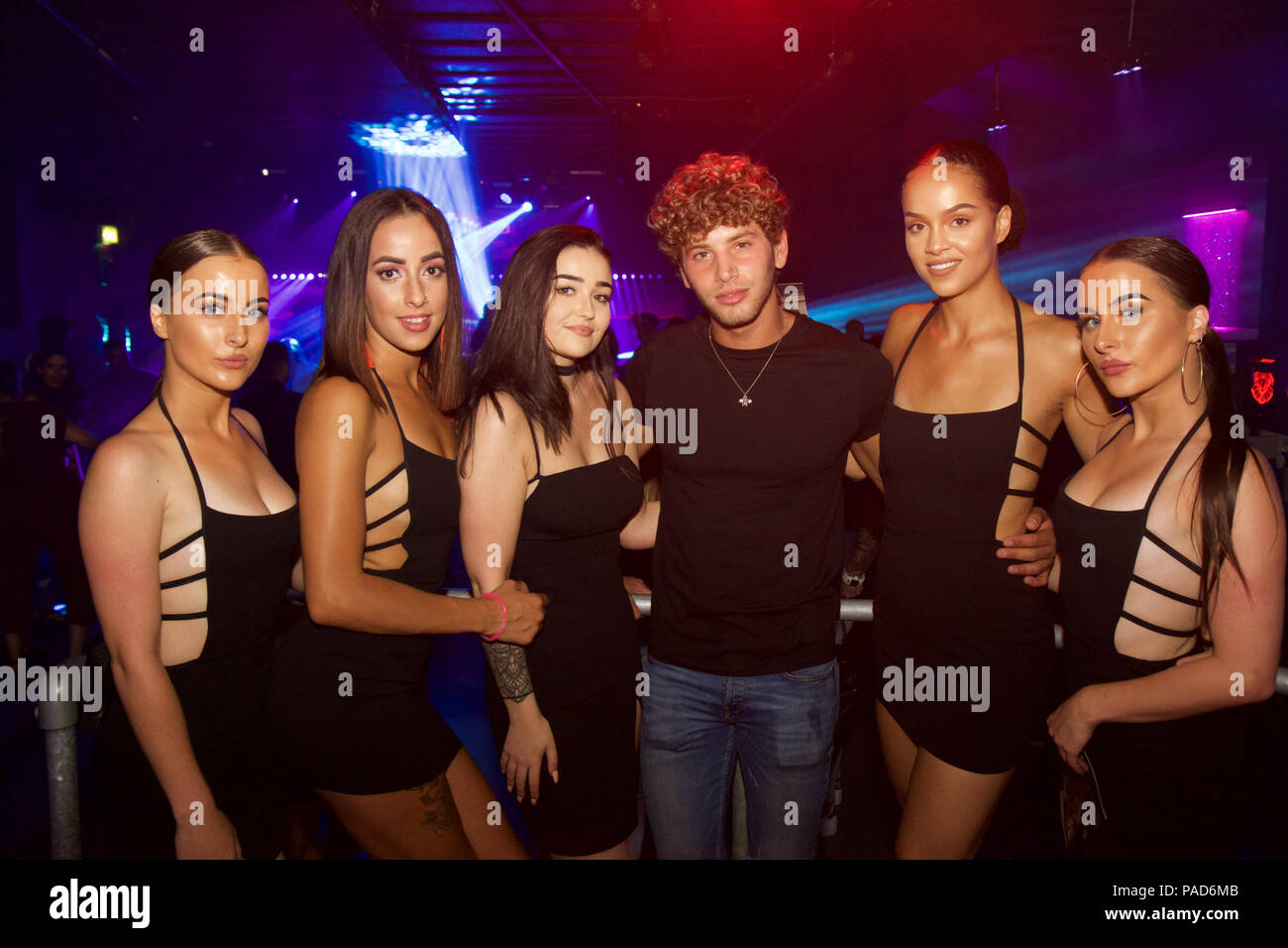 Watford, UK. 21st July, 2018. Love Island star Eyal Booker enjoys a night out with friends as he parties in the VIP section at Hydeout 2.0 nightclub in Watford, UK. He wasn't short of female attention with hoardes of girls queing up to chat to and get a photo with him - as well as flirt. One girl in particular who hung out with Eyal and his friends was a dead ringer for chart topper Rihanna. The boys bought several bottles of spirits sharing drinks around as they partied. Eyal said he wants to keep his partying to a minimum as there are other things he would like to focus on since his Love Isl Stock Photo