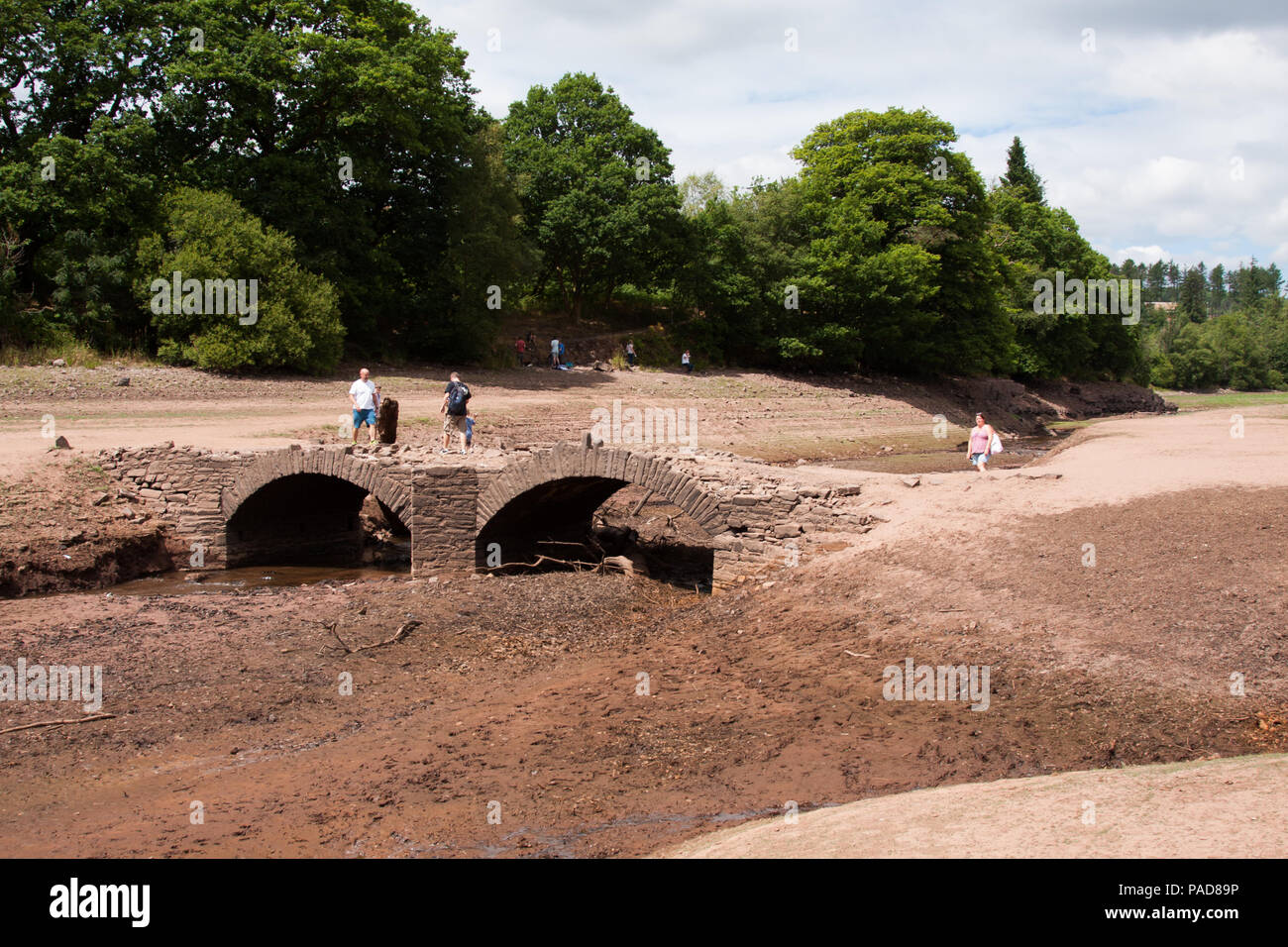 Llwyn Onn reservoir, Merthyr Tydfil, South Wales,  UK.  22 July 2018.  UK weather: The heatwave has caused this reservoir to become severely depleted, with the water line well below normal.  A stream that runs into the reservoir has dried up.  Pont Yr Daf bridge, an old bridge in use before the reservoir's construction, now usually underwater, has been uncovered.  Credit: Andrew Bartlett/Alamy Live News Stock Photo