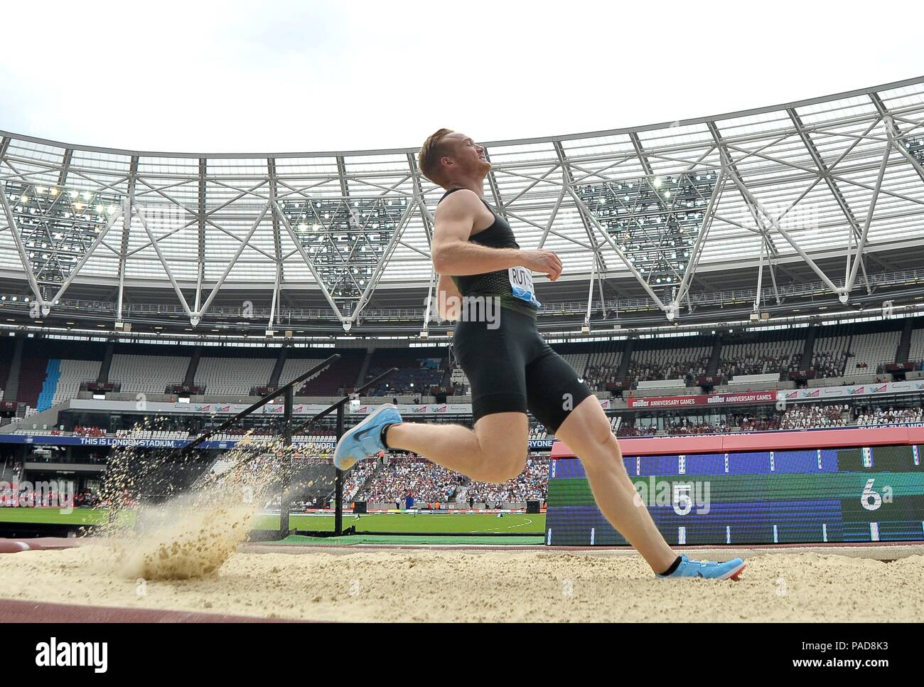 London, UK. 22 July 2018. Greg Rutherford (GBR) misses his jump in the ...