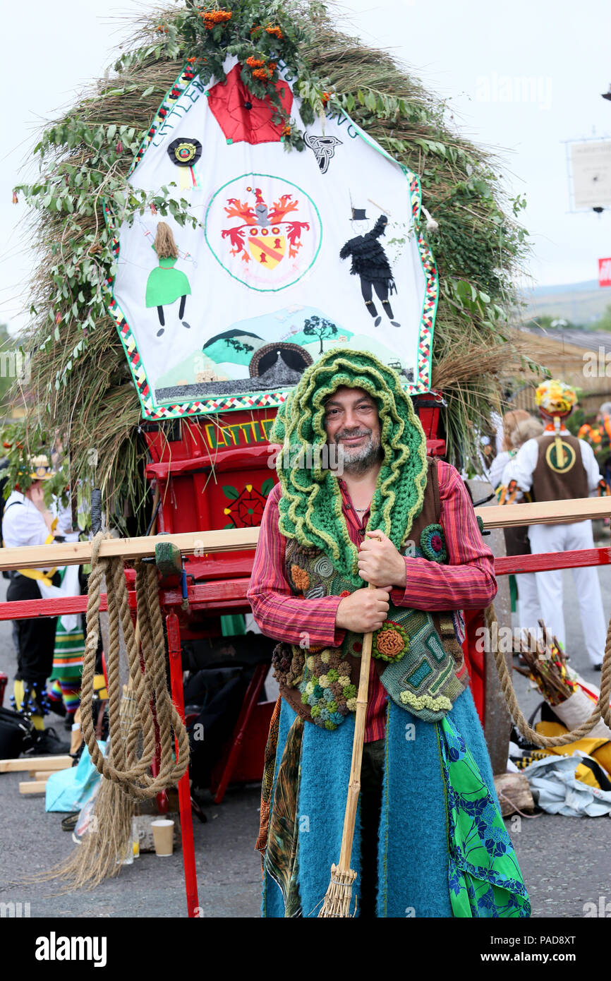 Littleborough, UK. 22nd July, 2018. A member of Oakenhoof folk at the annual Rushbearing festival reviving the tradition of carrying the rushes to the local church dating back to a time when the church floors where earthen and the rushes were used to cover them for insulation. Littleborough,22nd July, 2018 (C)Barbara Cook/Alamy Live News Credit: Barbara Cook/Alamy Live News Stock Photo