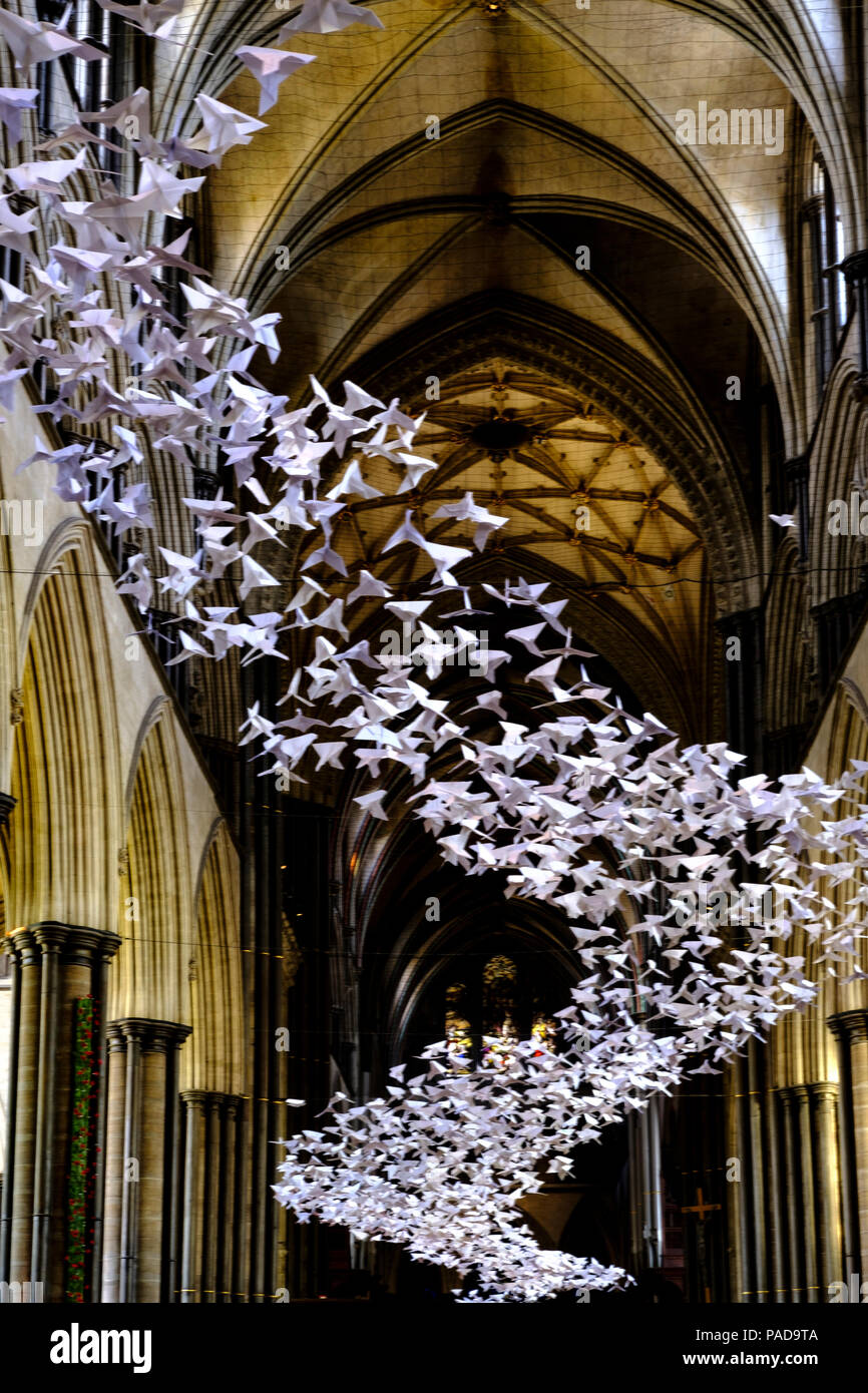 Salisbury, UK. 22nd July 2018 The last day of the art exhitbition. Artist Michael Pendry created the Les Colombes artwork. Around 3,000 origami birds have been put up in the building to spread hope and positivity. Credit: © pcp/ Alamy Stock Photo (Default)/Alamy Live News Stock Photo