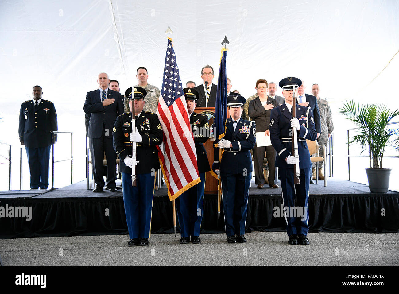 The Indiana National Guard Honor Guard presents the colors prior to the