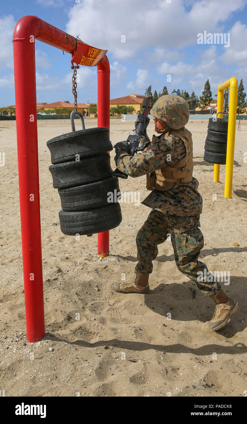 An Alpha Company recruit struck a tire wheel during the Bayonet Assault ...