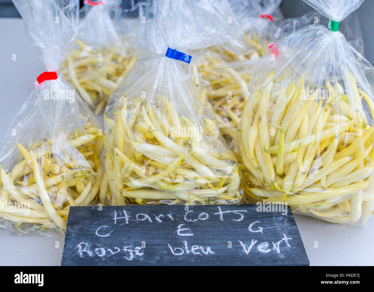 Organic Yellow Beans For Sale at Local Family Farmers Market, Mirabel, Quebec, Canada Stock Photo