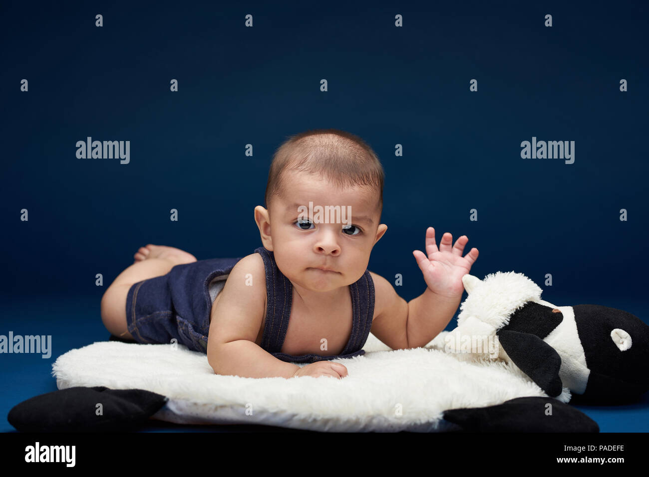 Small Baby With Hand Up Saying Hi In Blue Studio Background Stock Photo Alamy