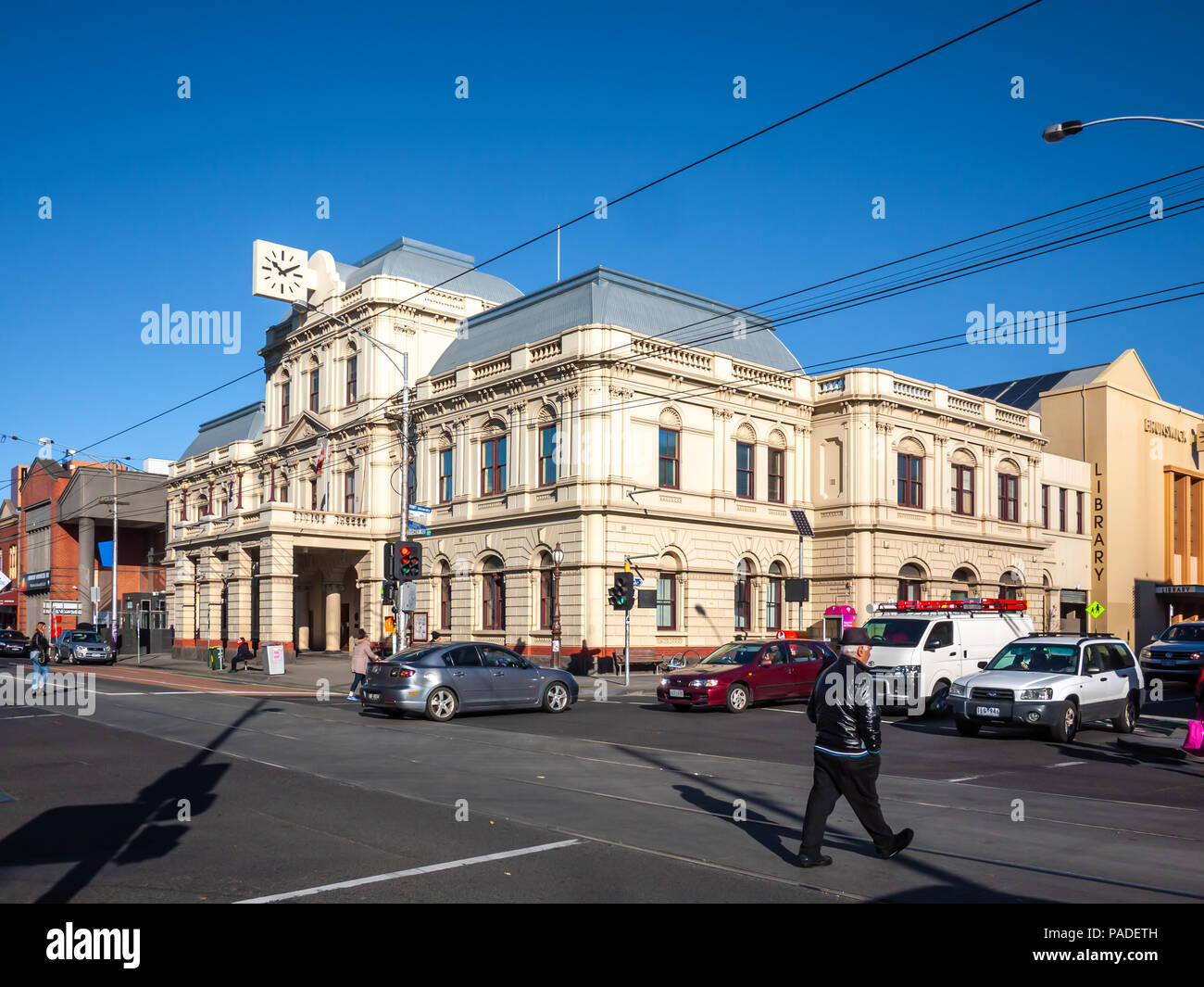 The historic building of Brunswick Town Hall. Suburban street view in the heart of Brunswick. Melbourne, VIC Australia. Stock Photo