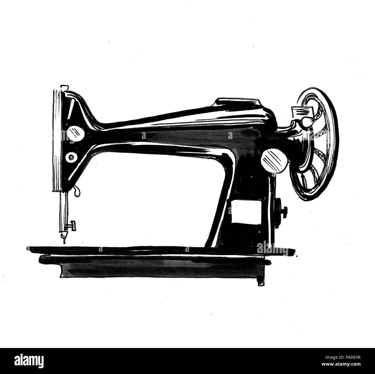 Sewing machine. Ink black and white illustration Stock Photo
