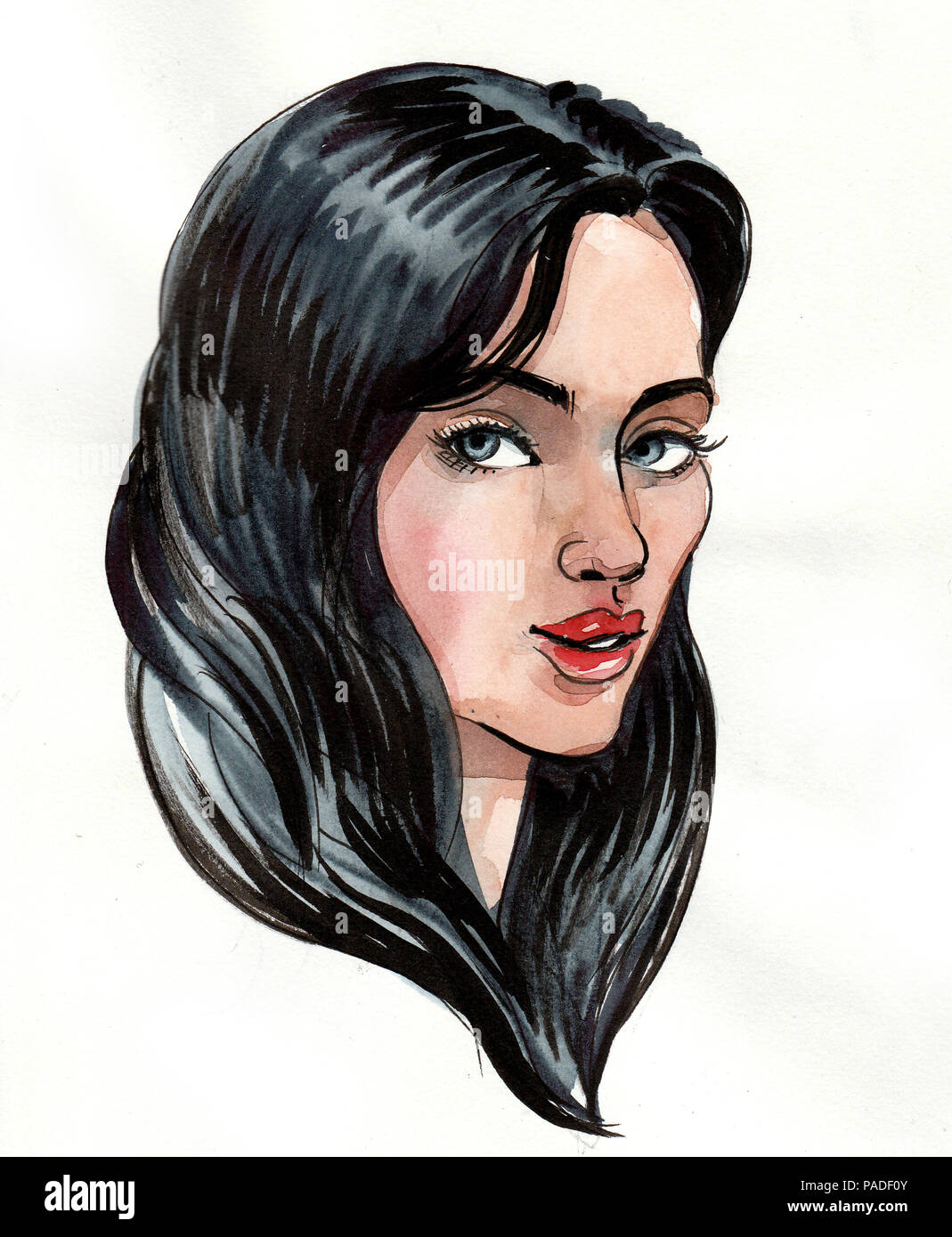 Beautiful woman. Ink and watercolor illustration Stock Photo