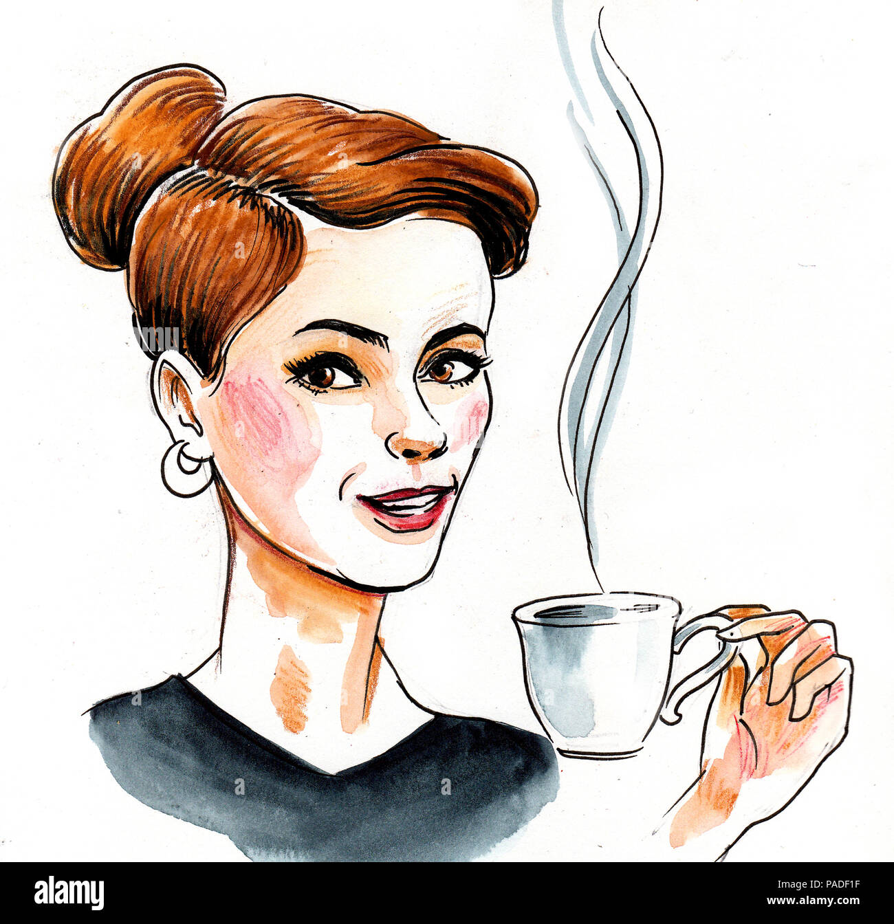 Beautiful Woman With A Cup Of Tea Ink And Watercolor Illustration Stock Photo Alamy