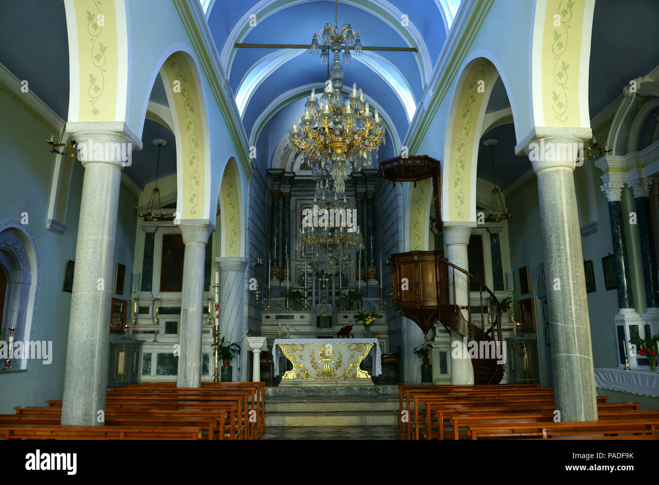 Interior of Catholic church at Kardiani, island Tinos, Cyclades, Greece Stock Photo