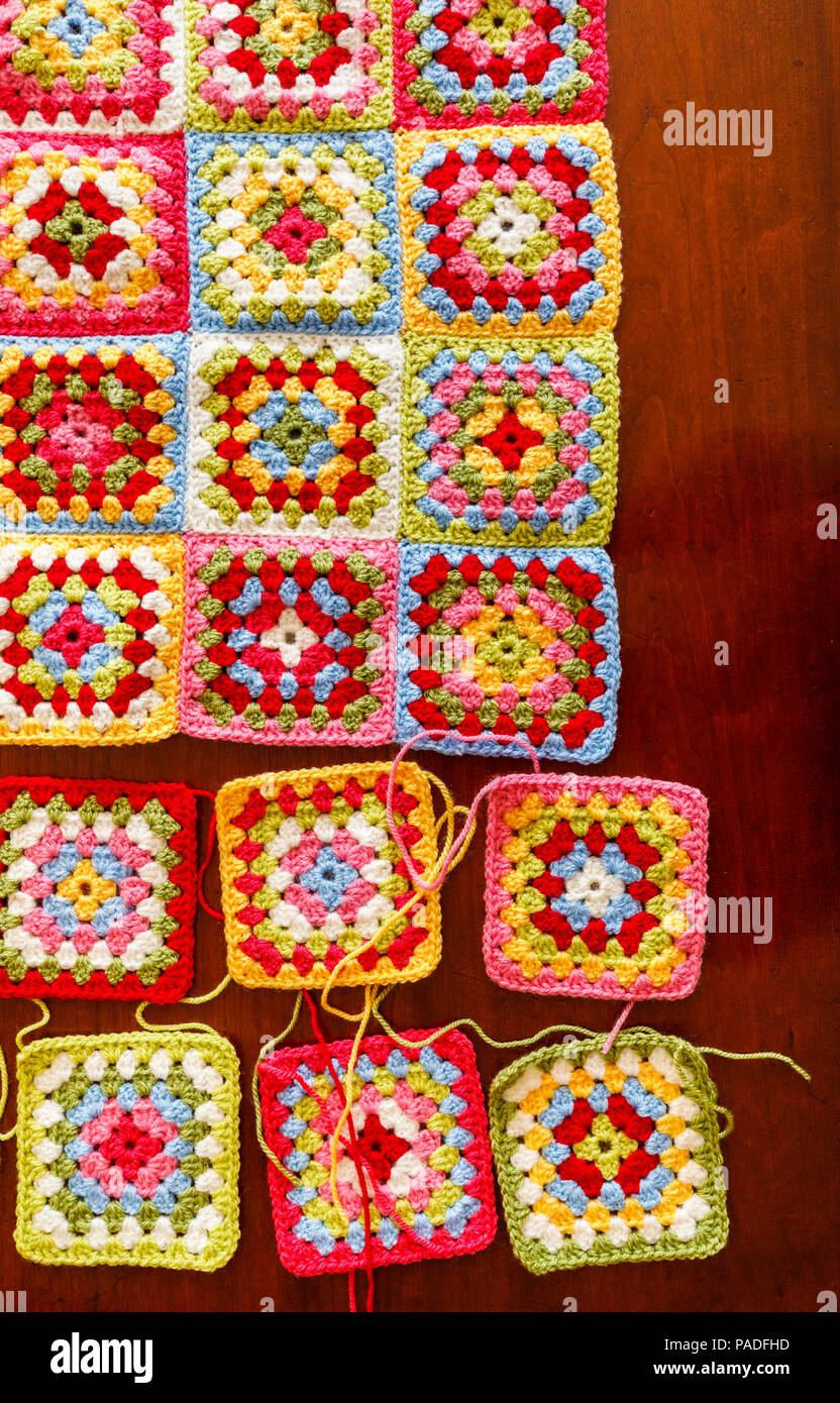 Brightly Coloured Granny Square Woollen Baby Blanket Traditional Hand Made Crochet Home Handicraft Stock Photo Alamy