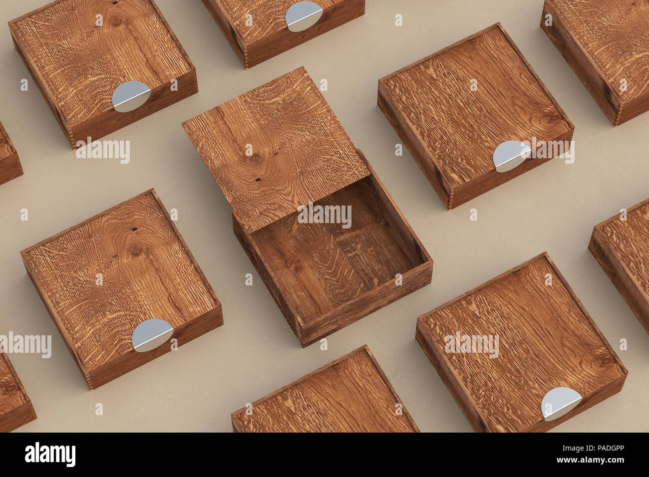 Empty dark wooden square box with opened sliding lid with closed boxes ...