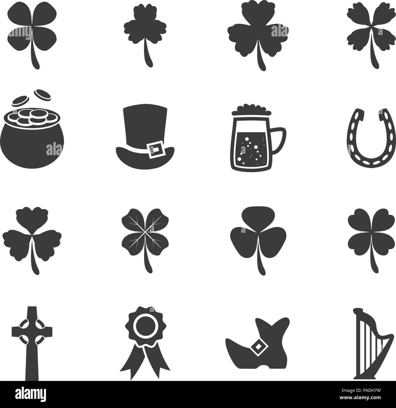 vector set of black and white flat irish St. Patrick's Day icons such as clover shamrocks, celtic cross, lucky horseshoe, golden pot full of coins, bo Stock Vector