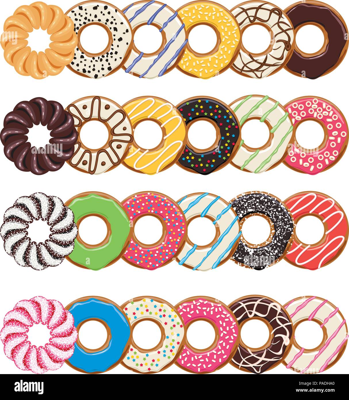 vector modern flat style icons of glazed colorful donuts with chocolate ...