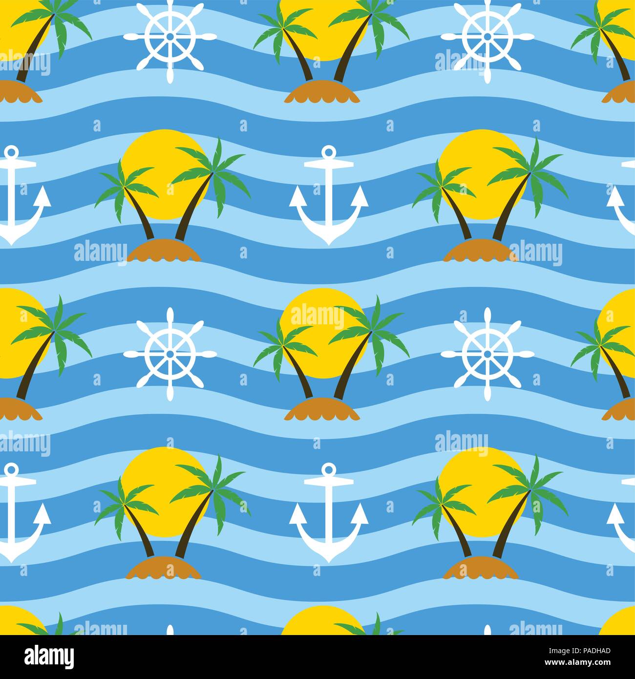 vector stylized seamless travel background with tropical palm trees, sun, sand islands, ship anchor and steering wheel on blue sea waves Stock Vector