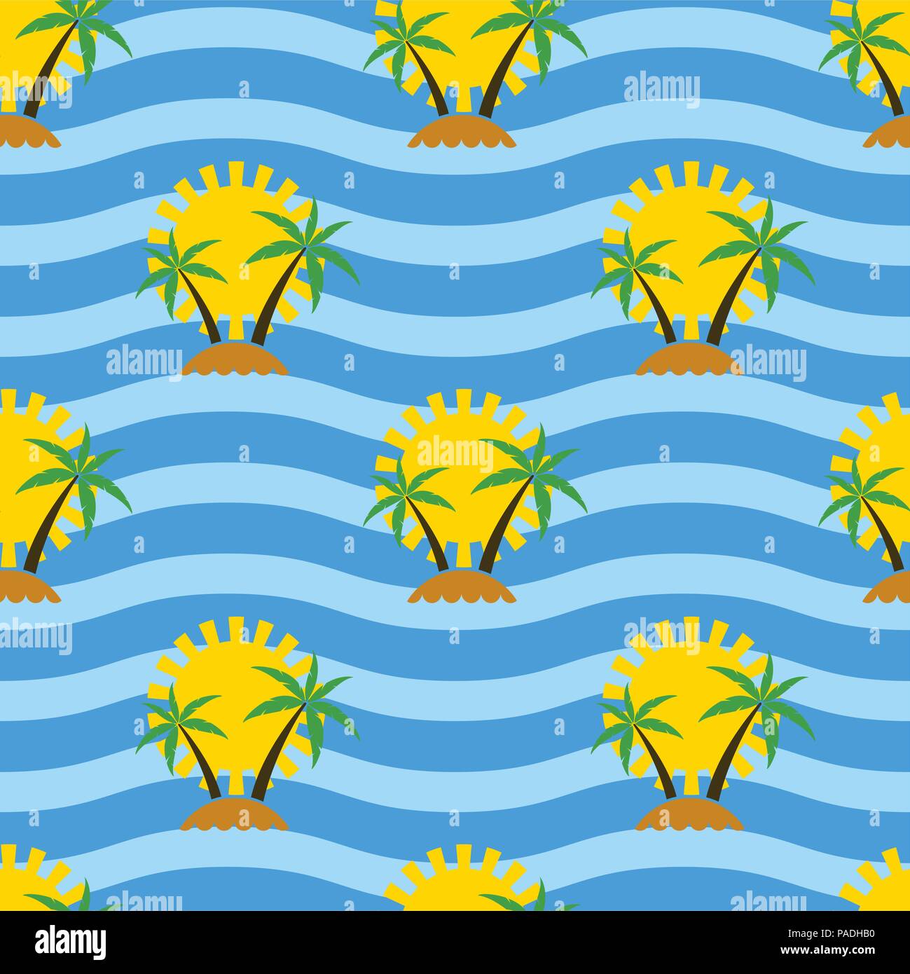 vector stylized seamless travel background with tropical palm trees, sun with rays, sand islands and blue sea waves Stock Vector