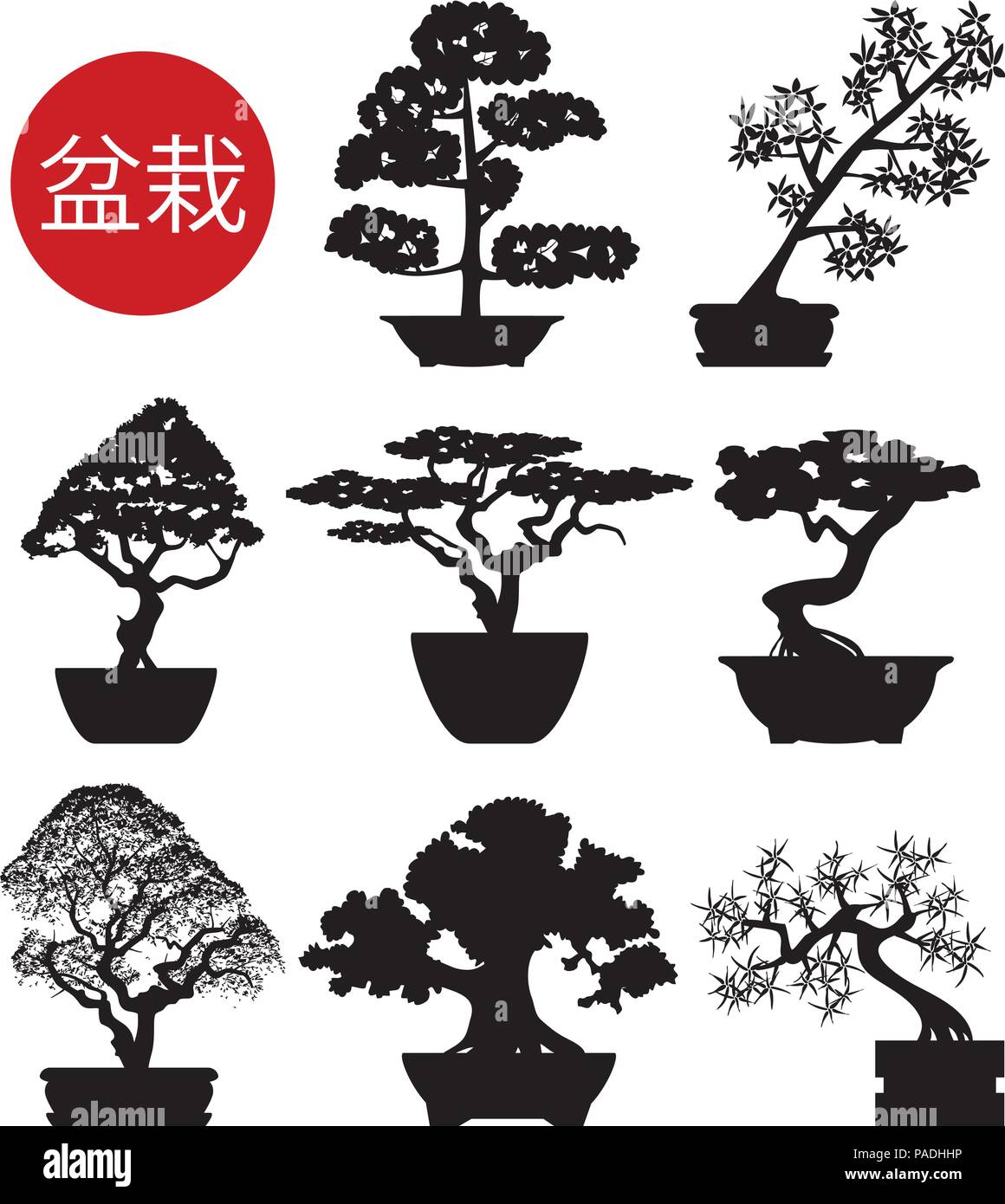 vector set of black and white bonsai trees in pots, background silhouettes Stock Vector