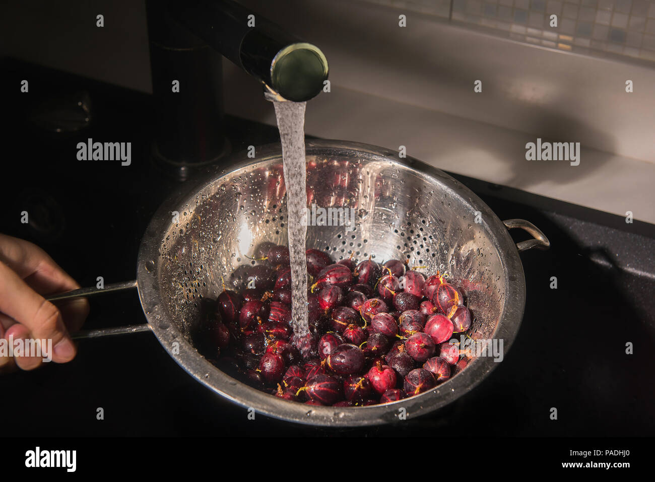 Ripe fresh red gooseberries washed in water running from faucet into shiny metal colander and in black kitchen sink. Boy's hand is holding the colland Stock Photo
