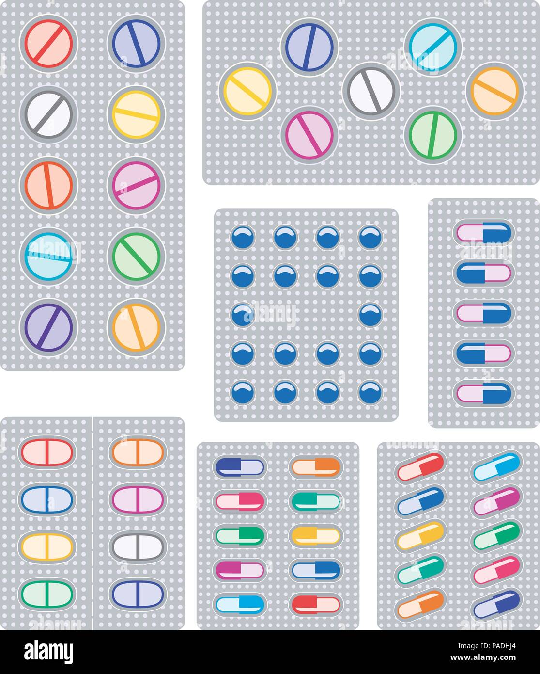 vector set of pills, tablets and capsules in blisters, flat icons, pharmacy and drug symbols on white background Stock Vector