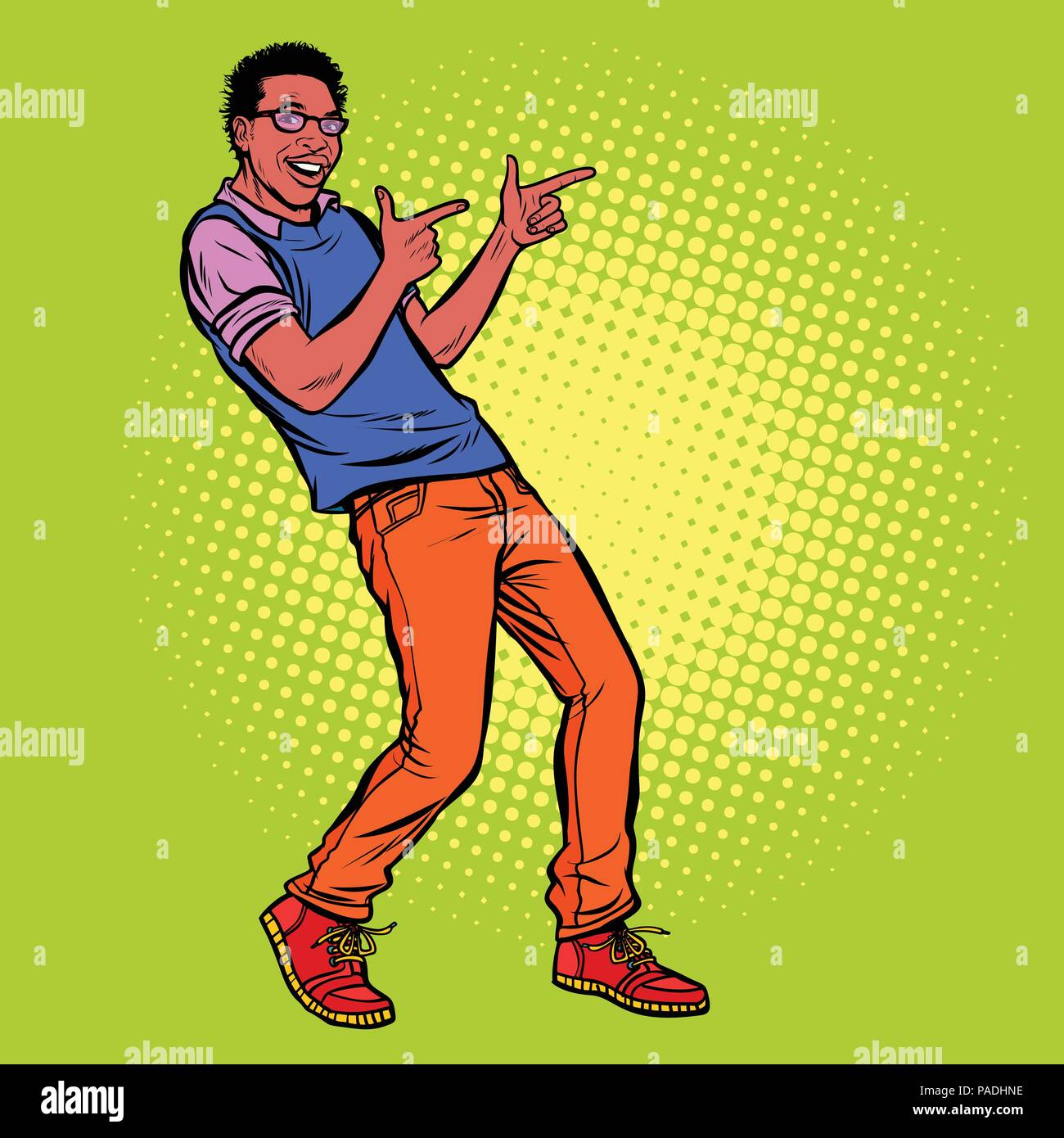 young man points fingers. African American people Stock Vector