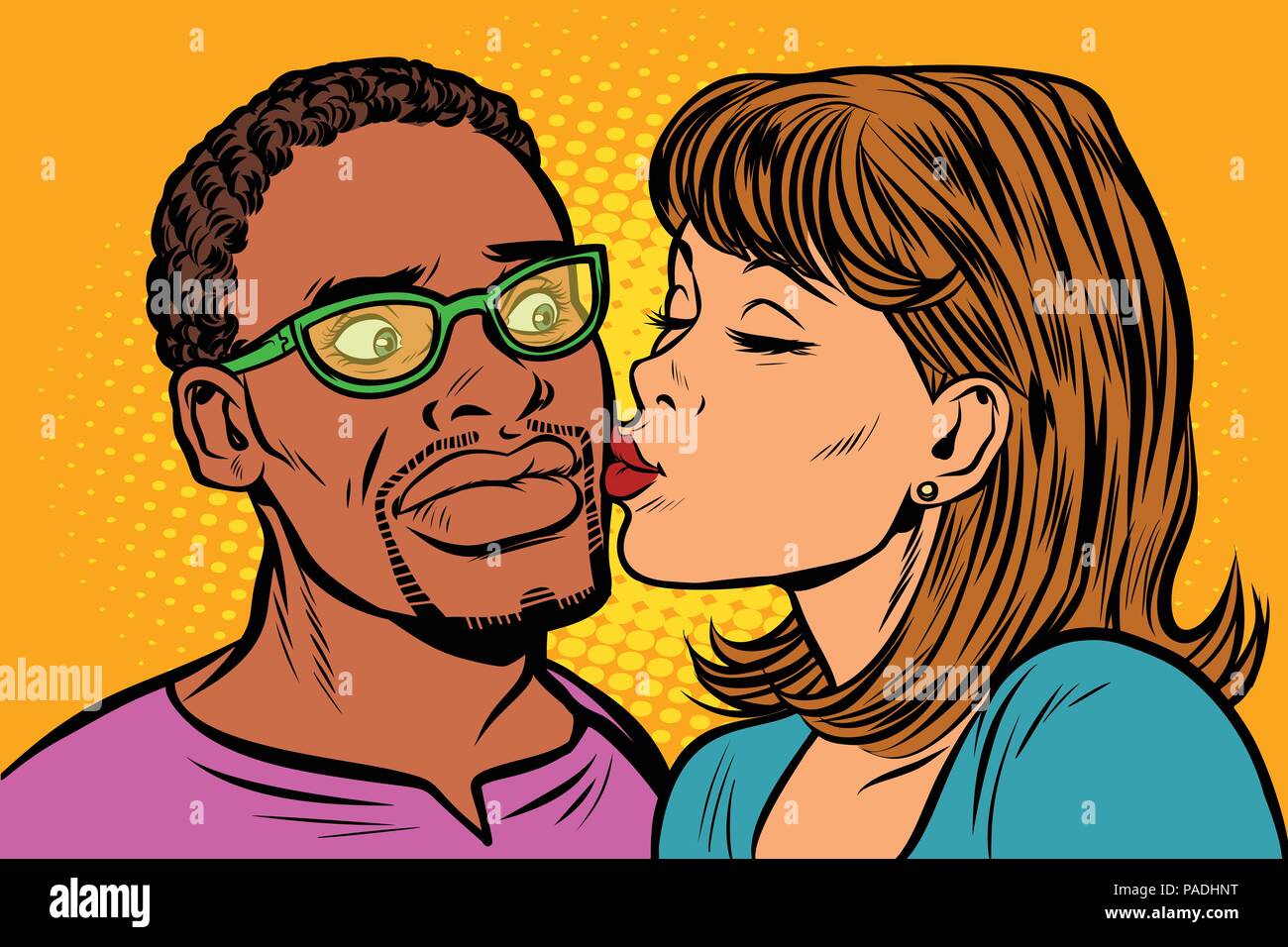 woman kisses a man. multi-ethnic couple. embarrassment Stock Vector
