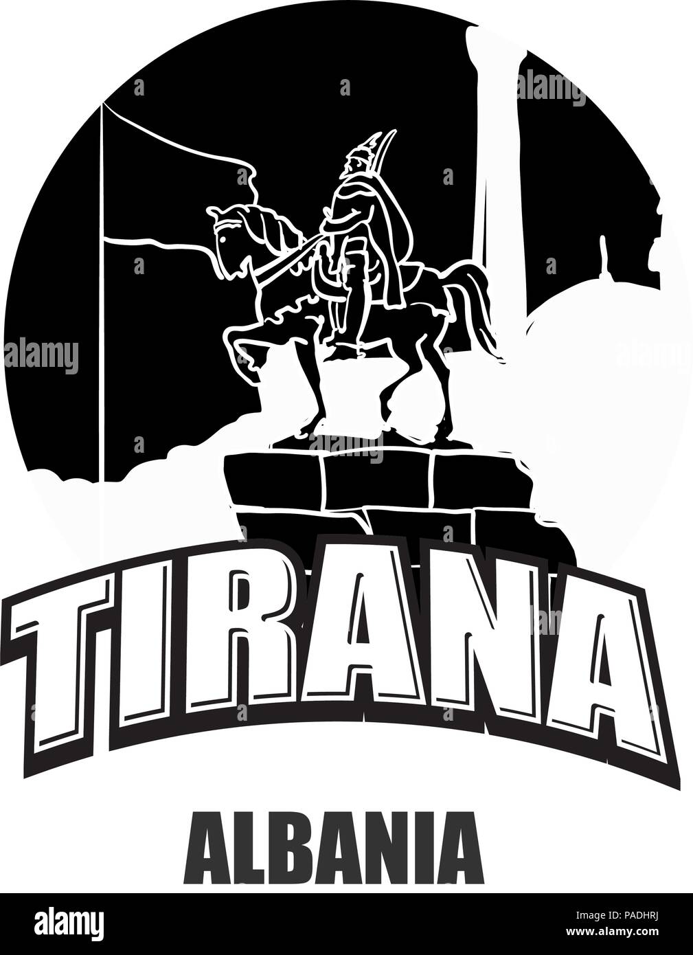 Tirana, Albania black and white logo for high quality prints. Hand drawn vector sketch. Stock Vector