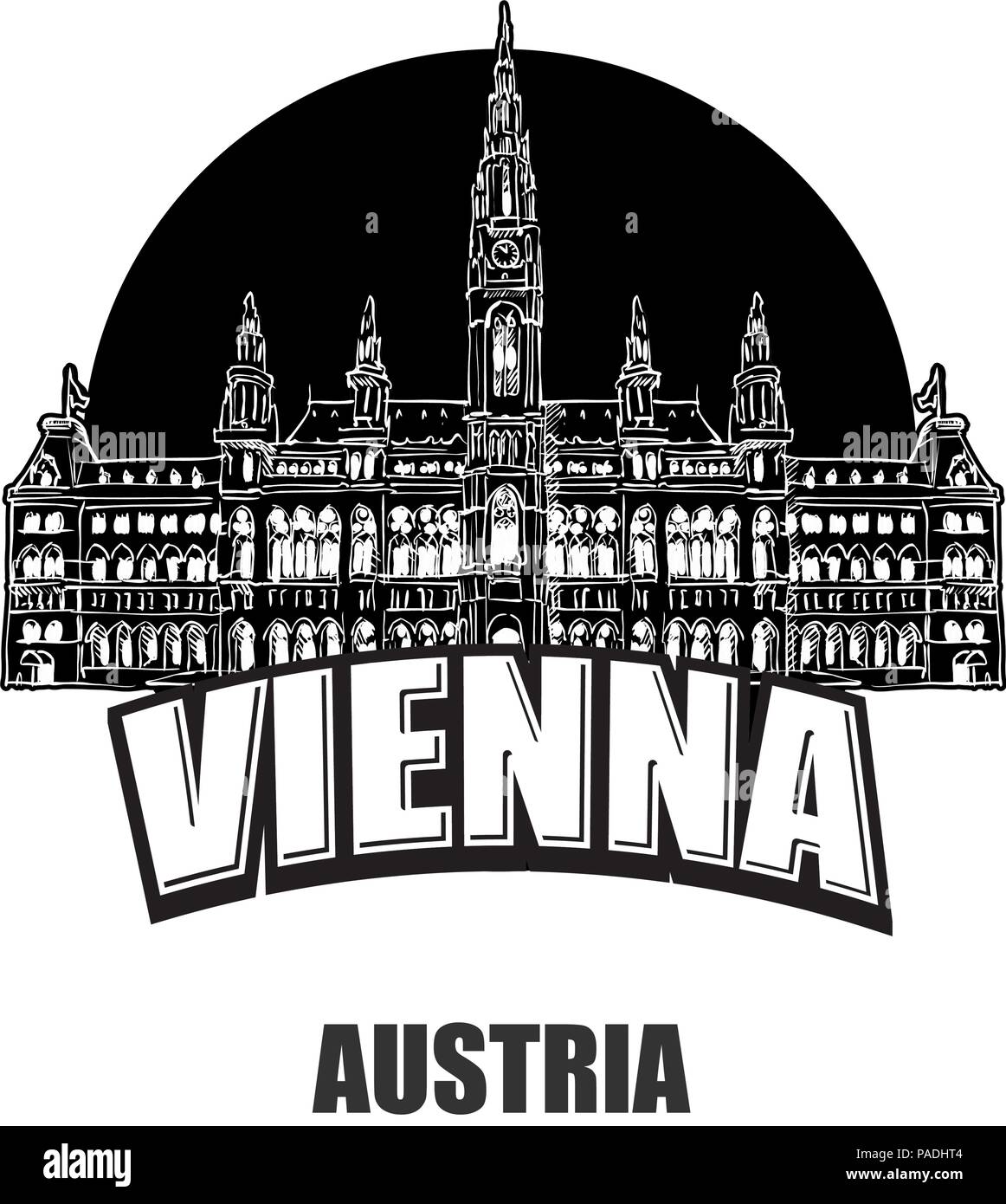Vienna, Austria, black and white logo for high quality prints. Hand drawn vector sketch. Stock Vector
