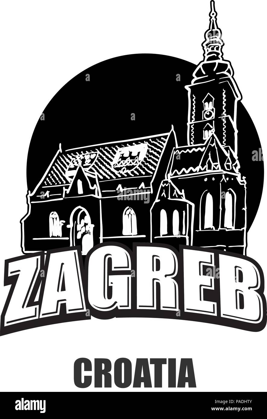 Zagreb, Croatia, black and white logo for high quality prints. Hand drawn vector sketch. Stock Vector