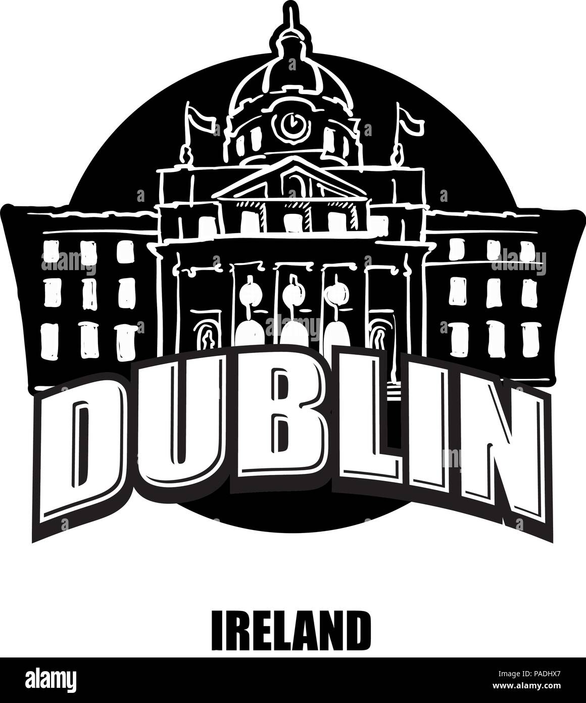 Dublin, Ireland, black and white logo for high quality prints. Hand drawn vector sketch. Stock Vector