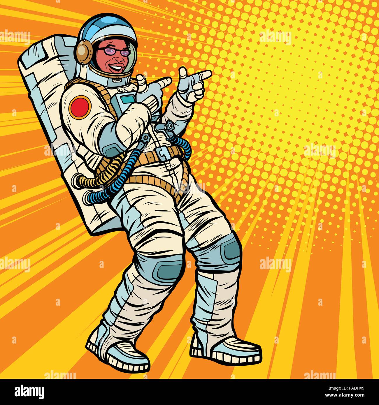 Astronaut young man points. African American people Stock Vector