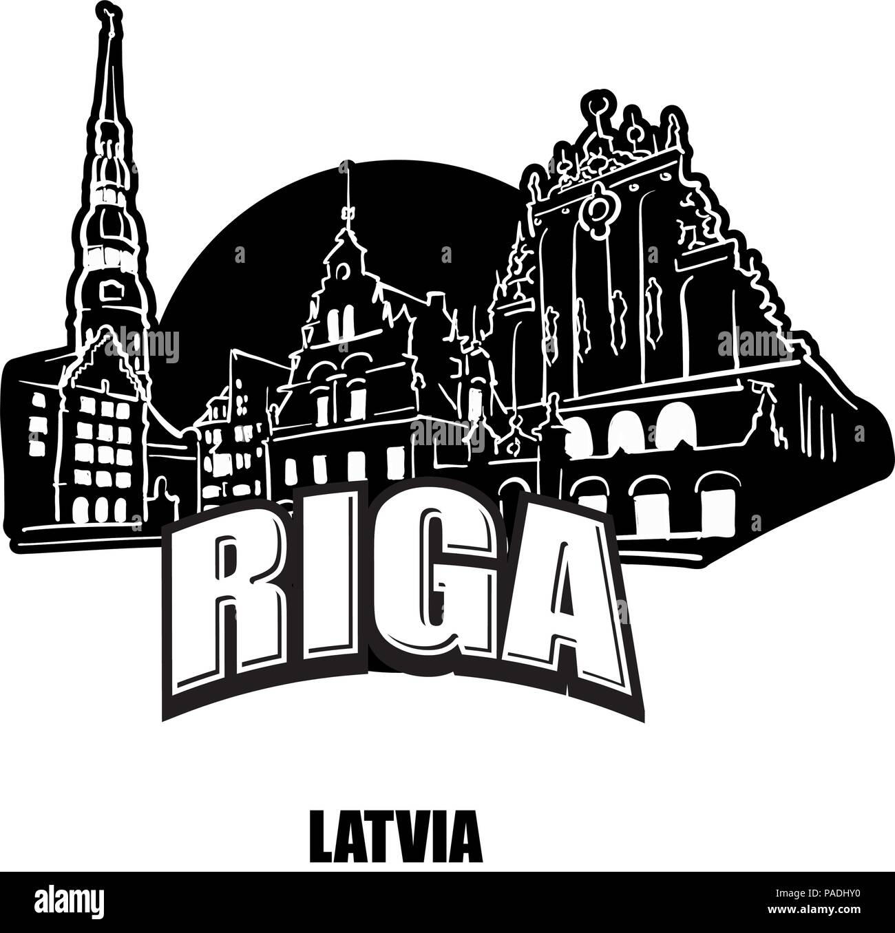 Riga, Lativa, black and white logo for high quality prints. Hand drawn vector sketch. Stock Vector