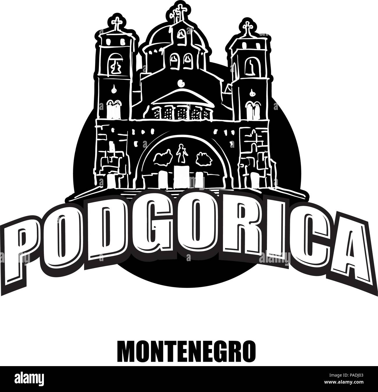 Podgorica, Montenegro, black and white logo for high quality prints. Hand drawn vector sketch. Stock Vector