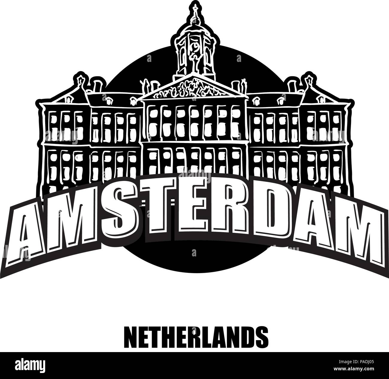 Amsterdam, Netherlands, black and white logo for high quality prints. Hand drawn vector sketch. Stock Vector