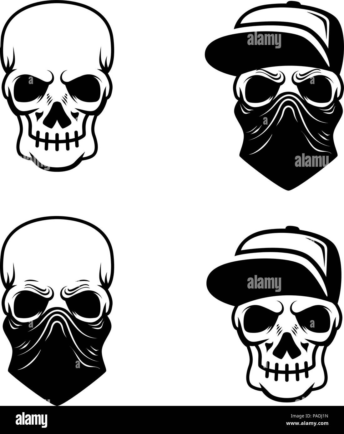 Gangster skull with baseball cap and bandana. Design element for logo, label, emblem, sign, t shirt. Vector illustration Stock Vector