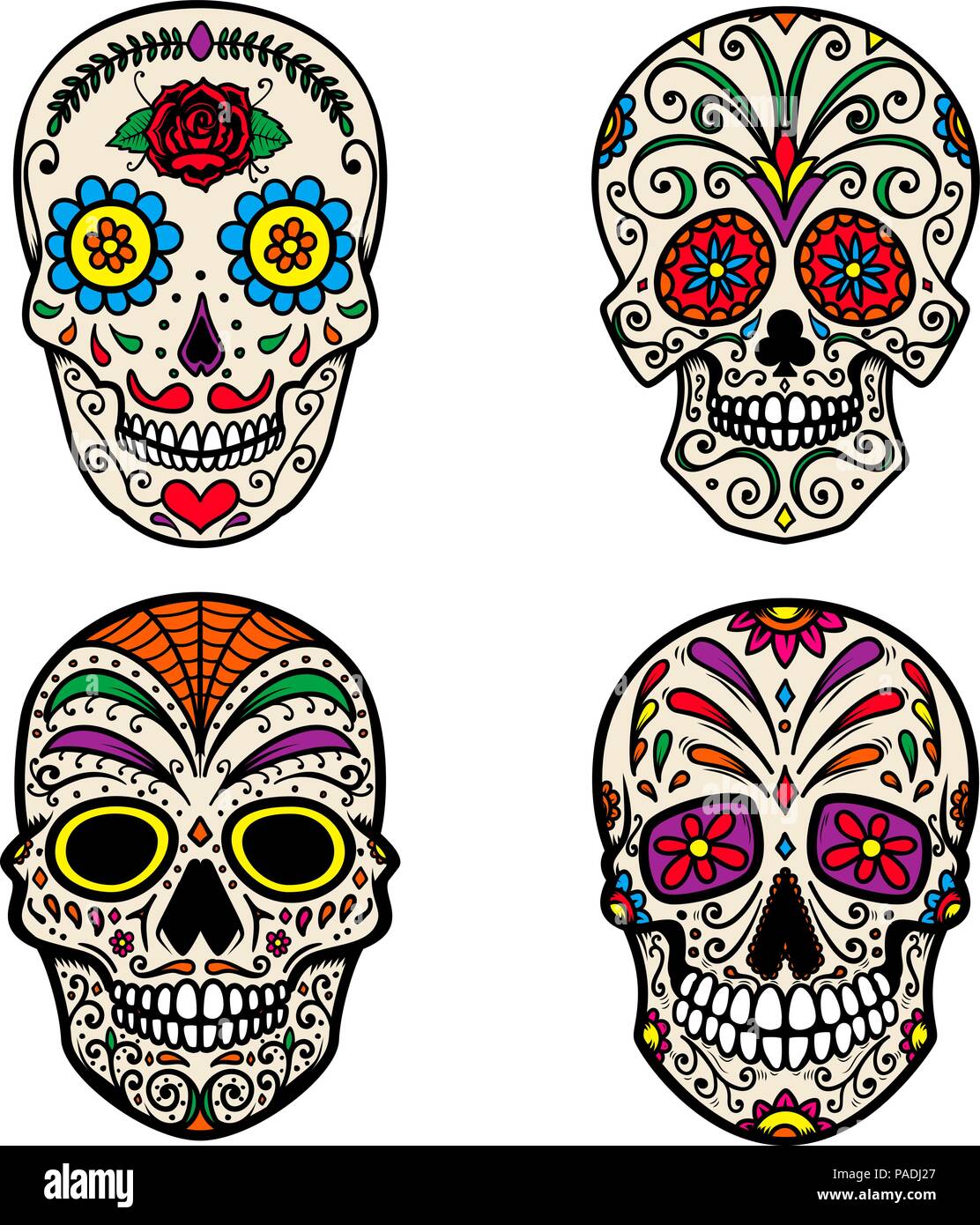 set of colorful sugar skull isolated on white background. day of