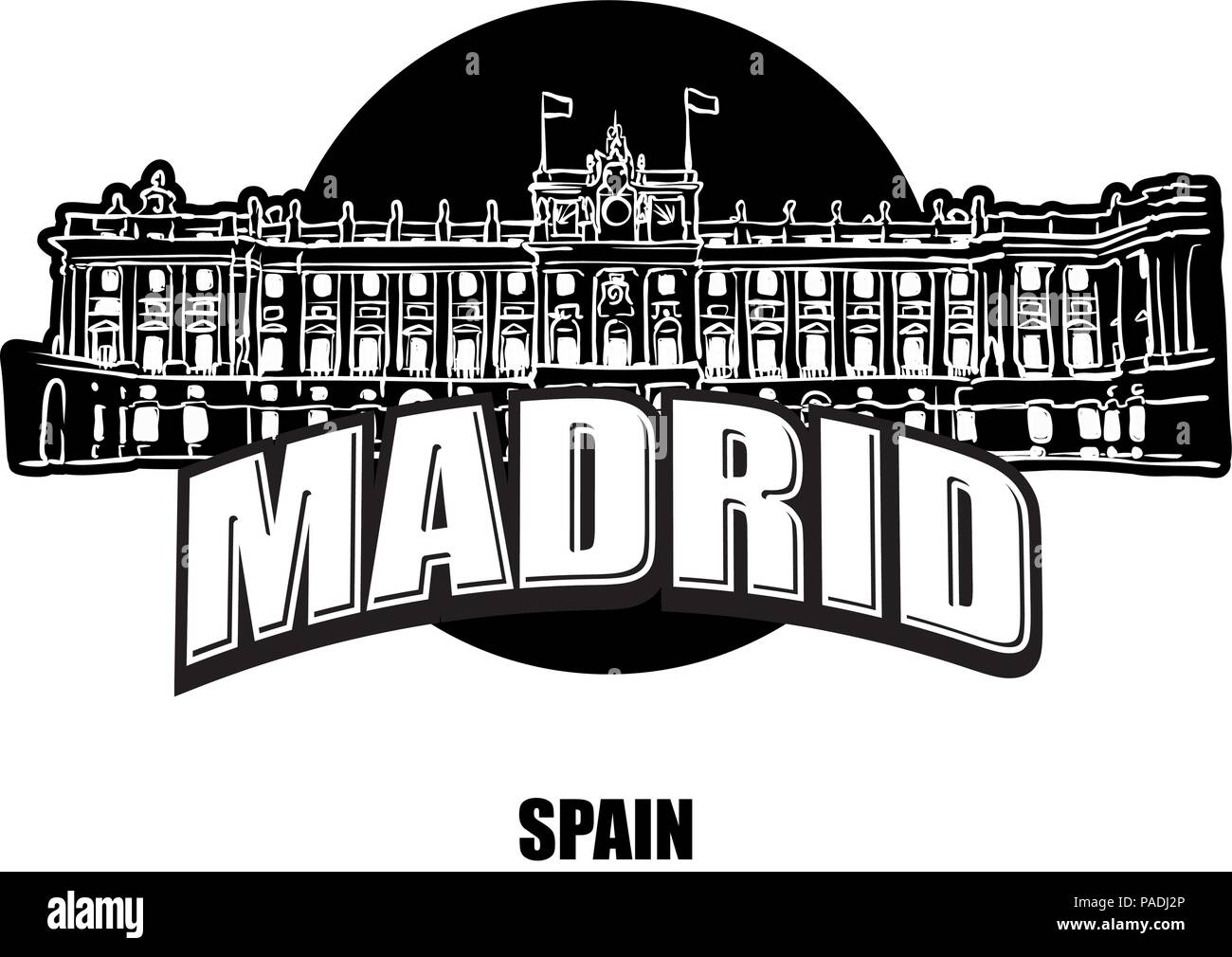 Madrid royal palace black and white logo for high quality prints. Hand drawn vector sketch. Stock Vector