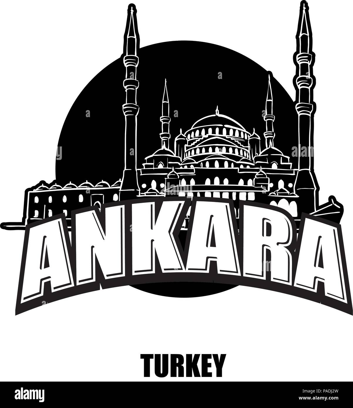 Ankara mosque black and white logo for high quality prints. Hand drawn vector sketch. Stock Vector