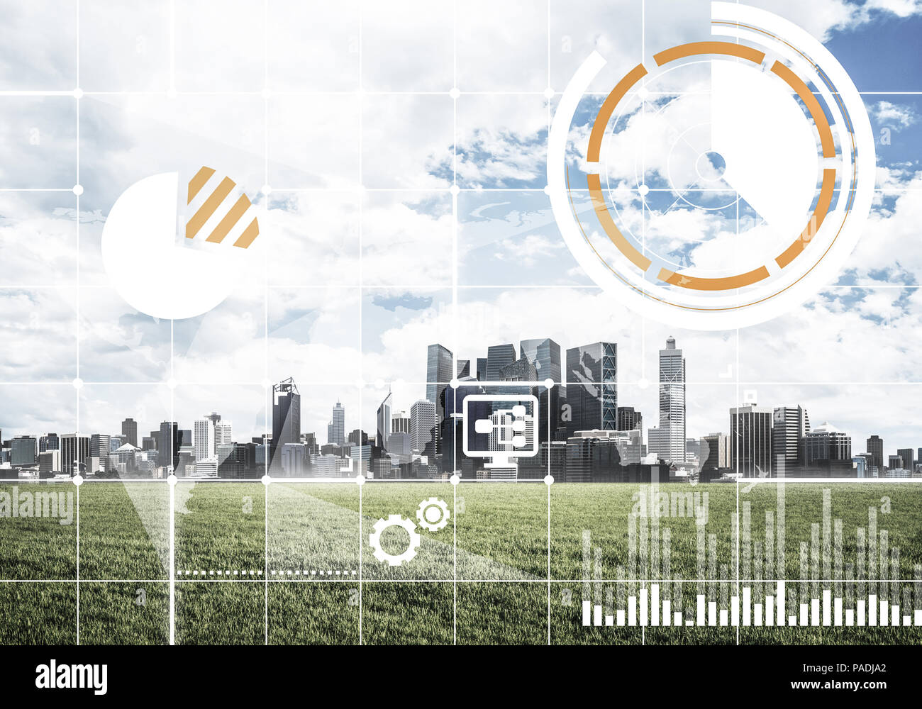 Natural background with modern cityscape green field and media i Stock