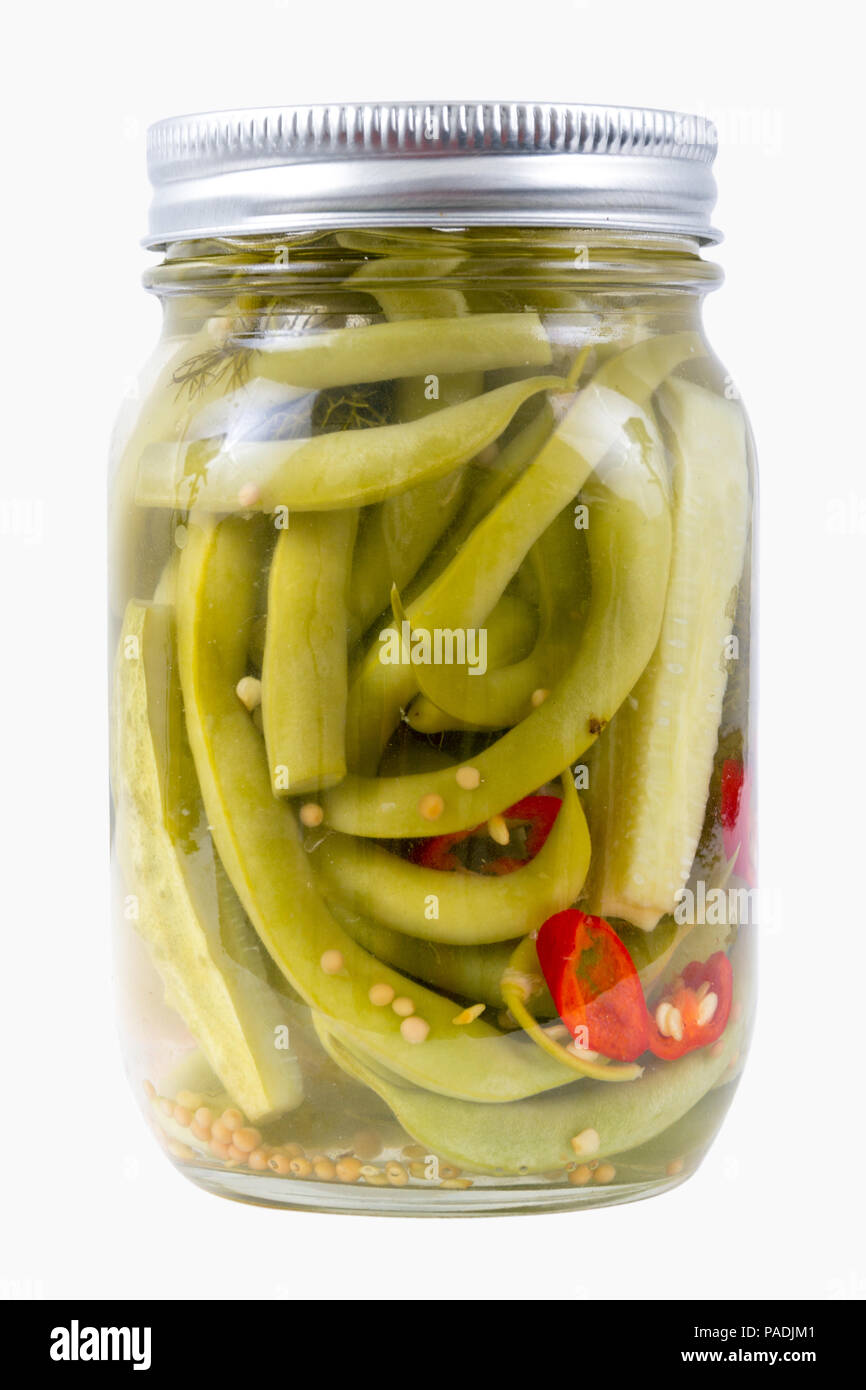 pickled green bean jar with hot peppers and spices with clipping path